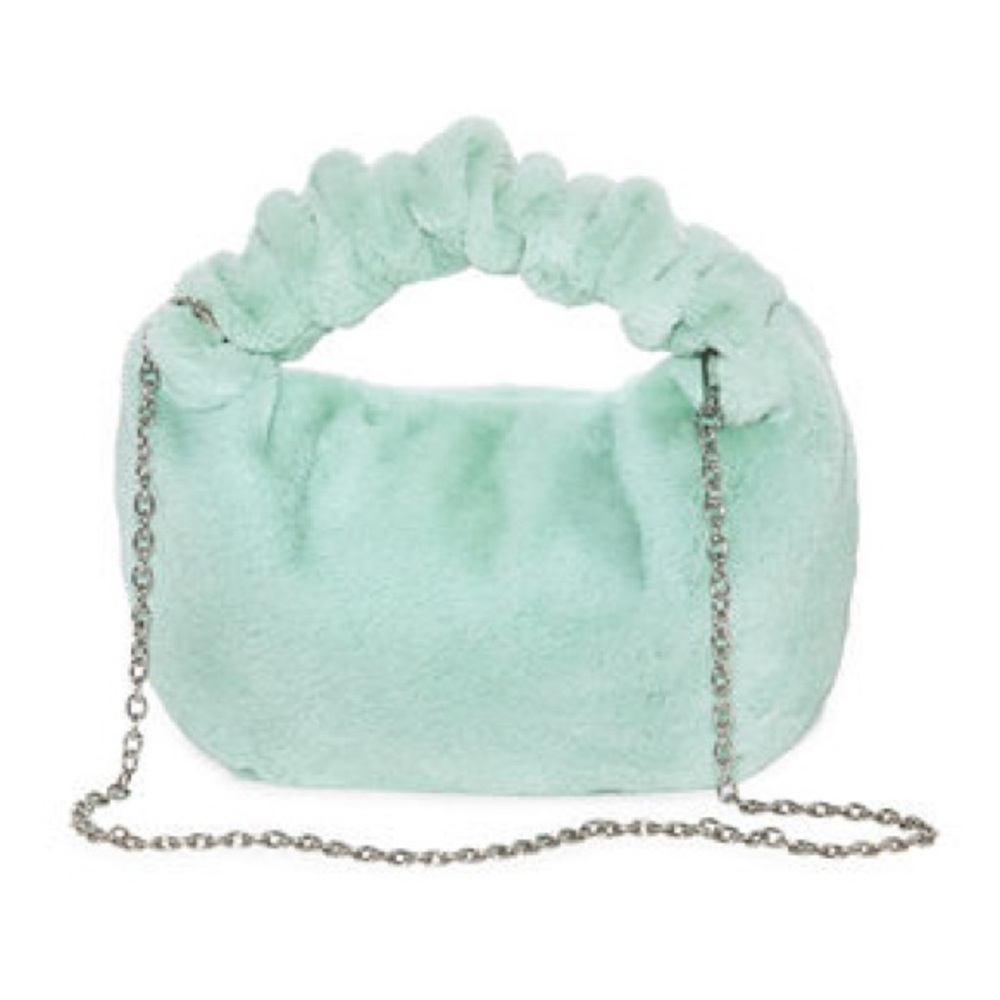 Forever 21 Light Green Blue Aqua Faux Fur Shoulder Bag Detachable Metal Chain